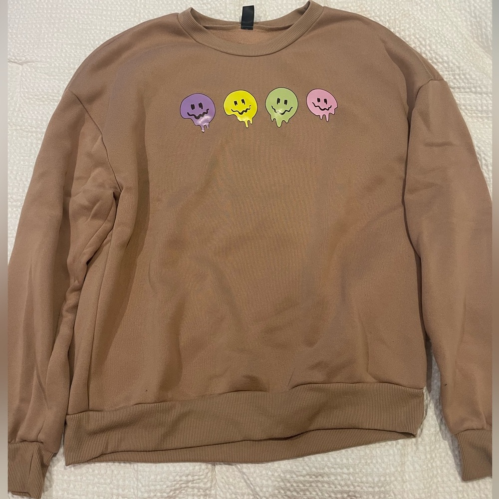 SHEIN brown oversized crew neck sweatshirt. multicolored dripping faces